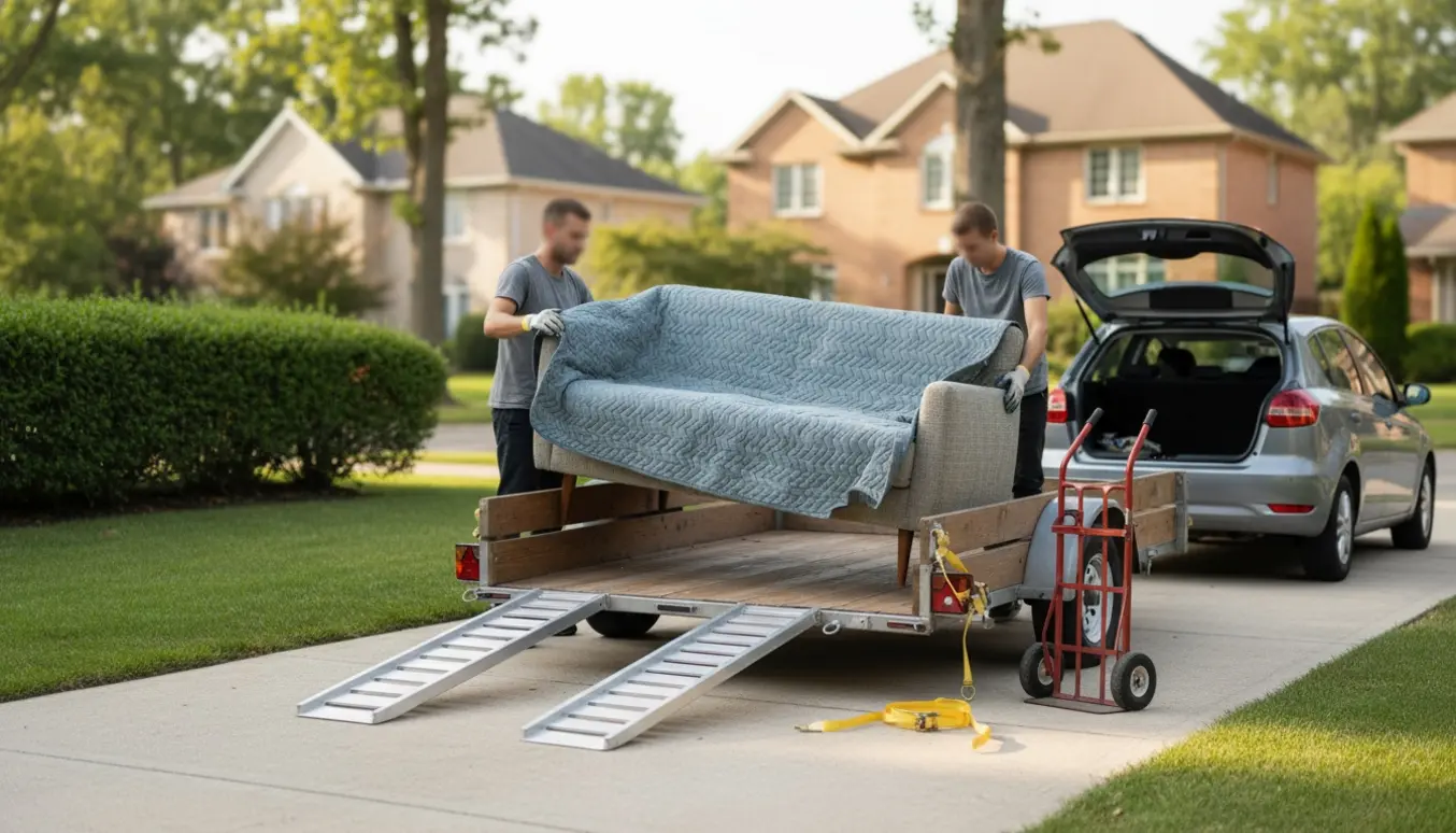 En sovesofa læsses på en trailer ved en bil i en indkørsel, to personer hjælper uden at vise ansigter.
