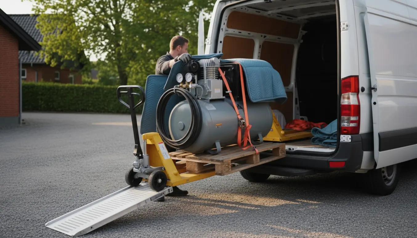 En kompressor på paller spændes fast og løftes ind i en varevogn klar til afhentning.