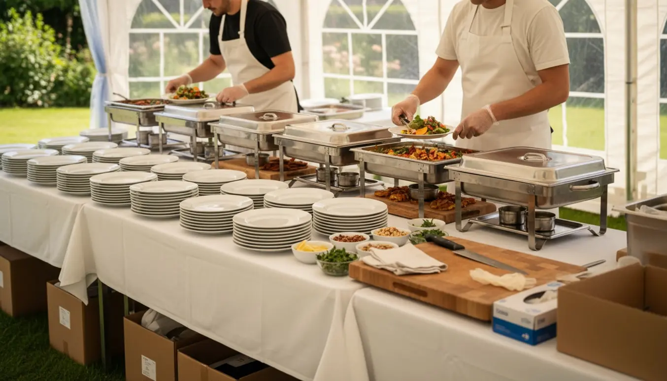 To serveringshjælpere anretter cateringmad under et hvidt festtelt i haven med fade og tallerkener i naturligt dagslys.