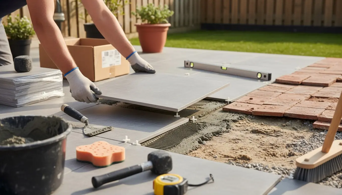 Nærbillede af hænder, der lægger nye 60x60 terrassfliser på et lille patioområde med værktøj og en stak fliser i baggrunden.