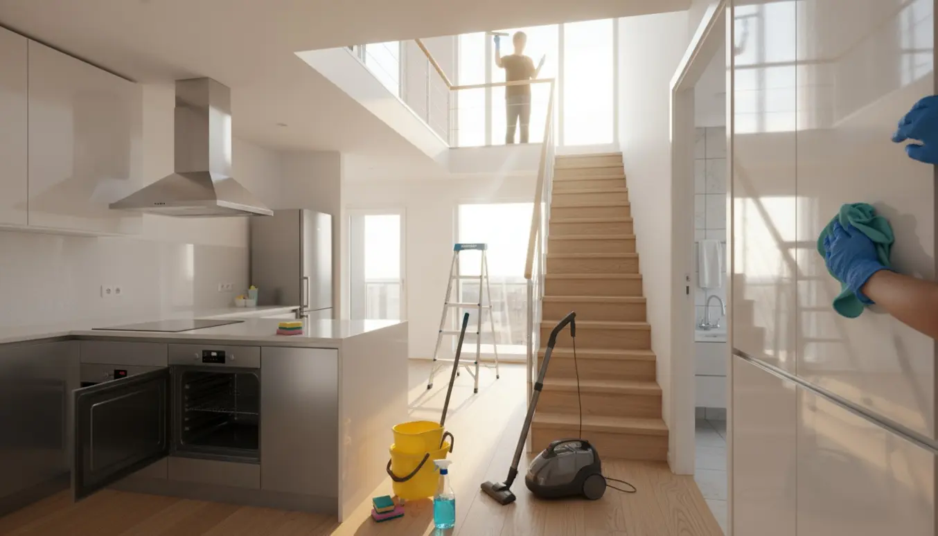 To-etagers lejlighed under slutrengøring med en rengøringsperson set bagfra, skinnende køkken, trappe og vindue der bliver aftørret.
