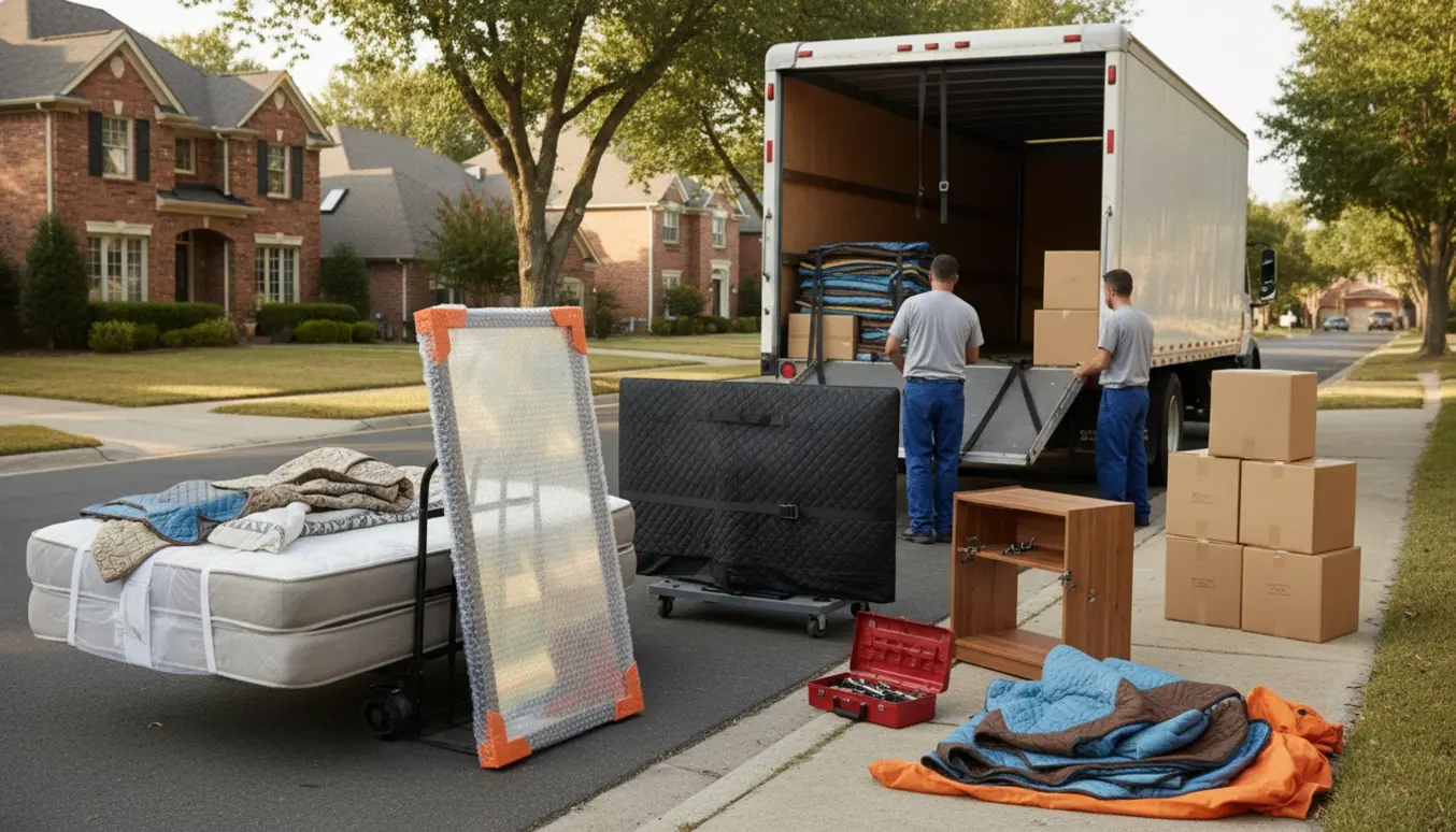 Flyttevogn med indpakket seng, spejl, tv og tv-bord ved en lejlighed klar til flytning.