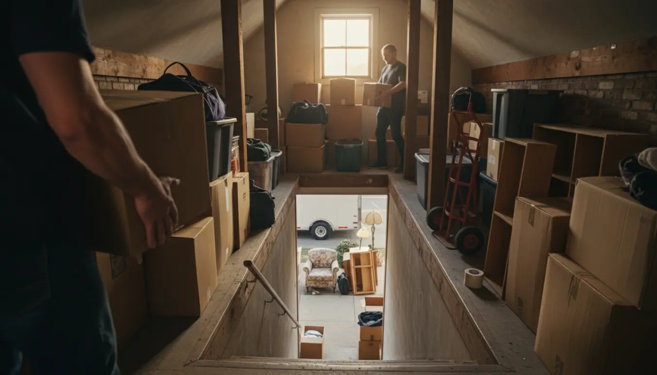 Flyttekasser bæres ned ad en smal bagtrappe fra loftet mod en trailer parkeret på gaden.