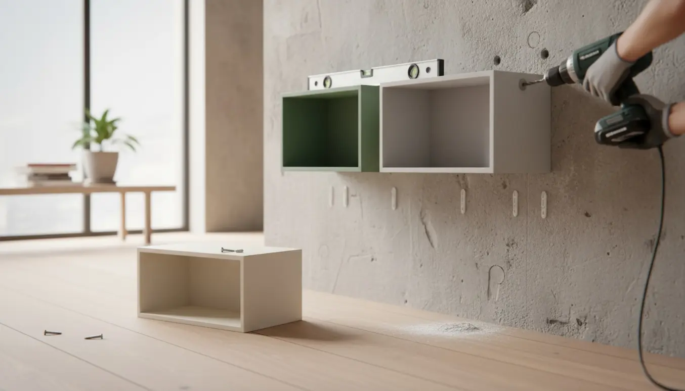 Tre modulære bogkasser monteres på en rå betonvæg med boremaskine, plugs og vaterpas.