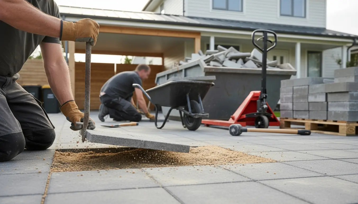 Handskerede hænder løfter firkantede betonfliser fra en carport med stakke af fliser på paller og en container til bortskaffelse.
