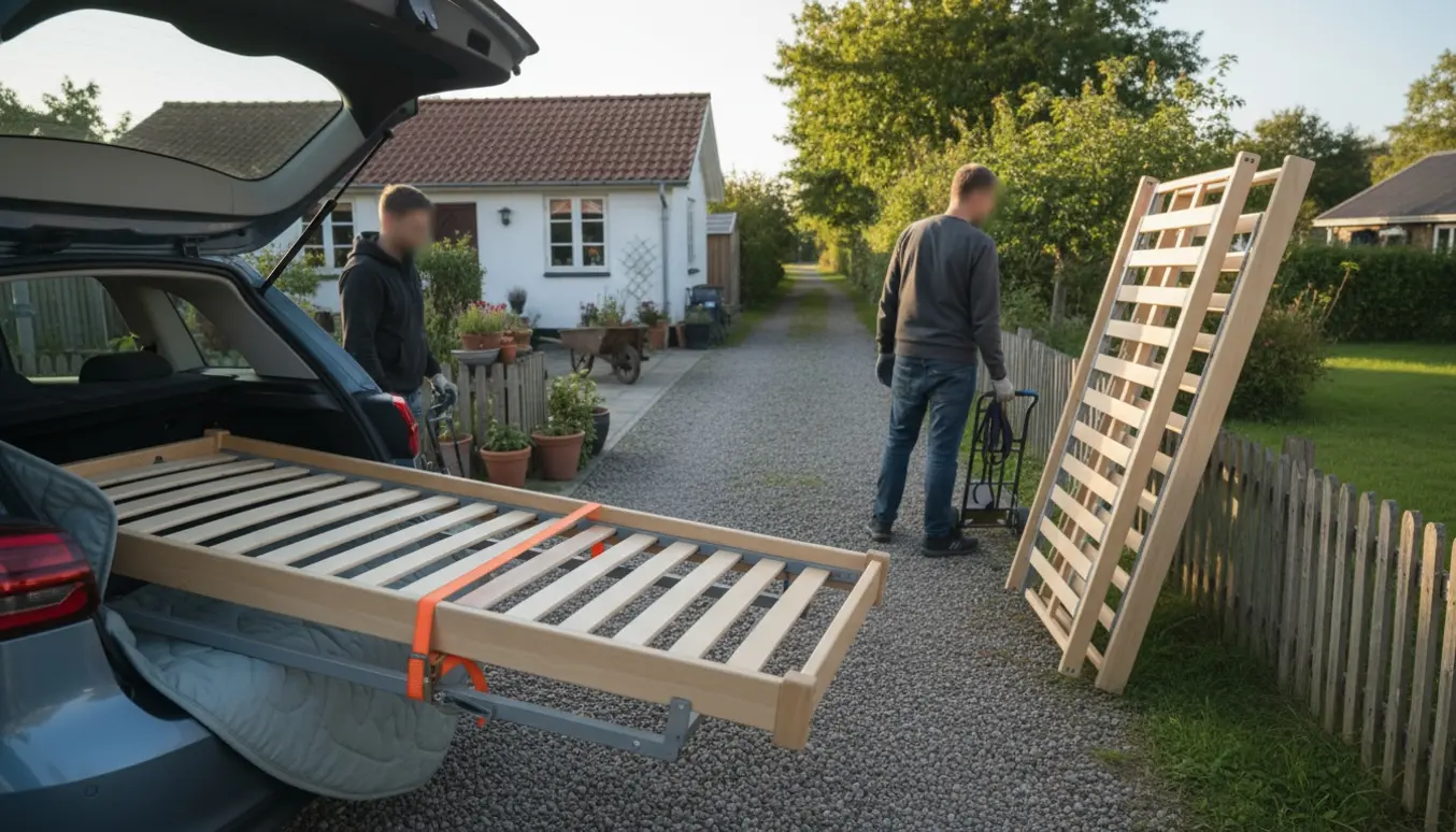 To personer læsser to stabelbare senge ind i en lille bil ved en kolonihave, ansigter ikke synlige.