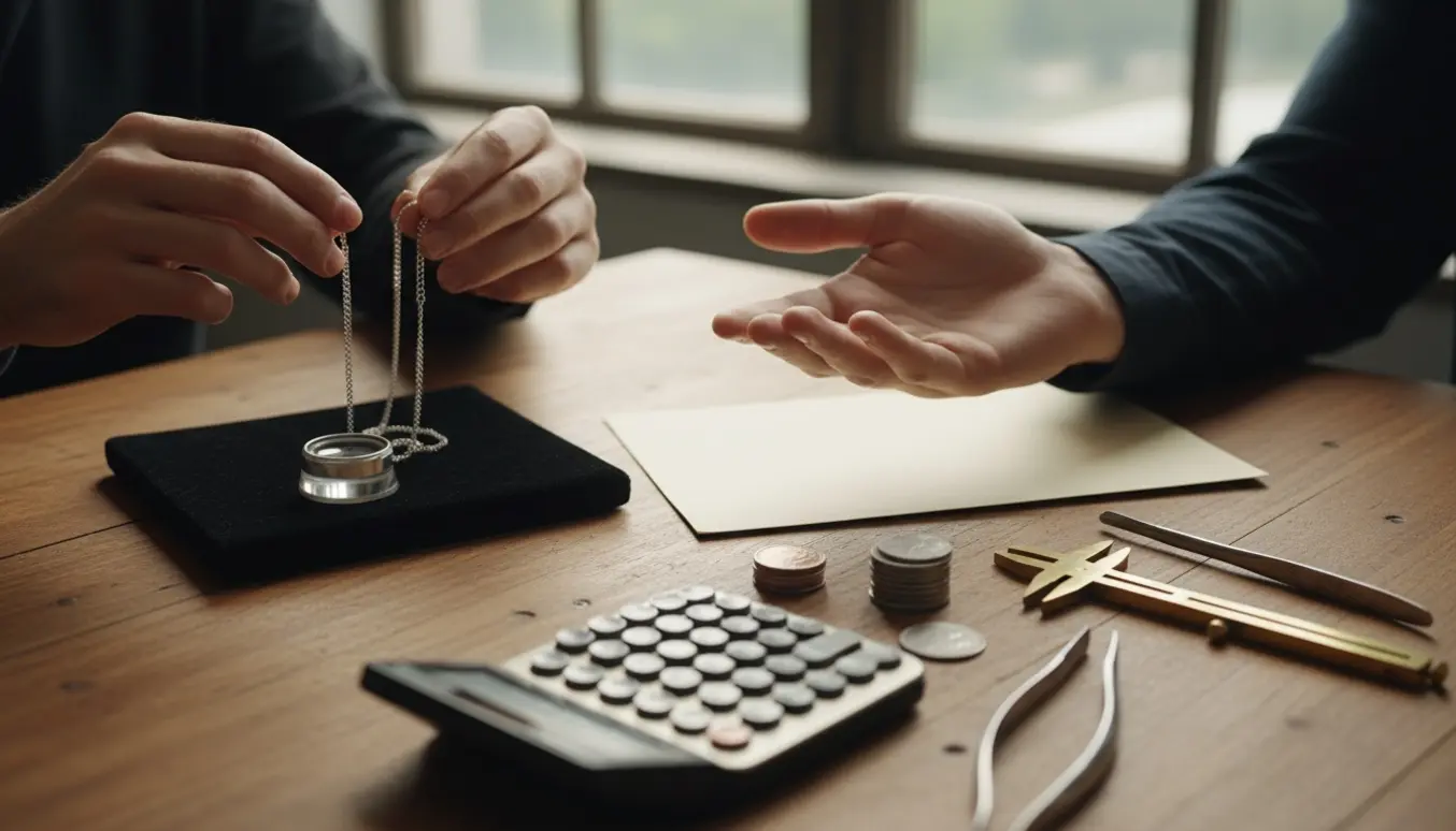 Nærbillede af hænder over et smykkearbejdsbord med en sølvkæde, faktura og smykkerværktøj.