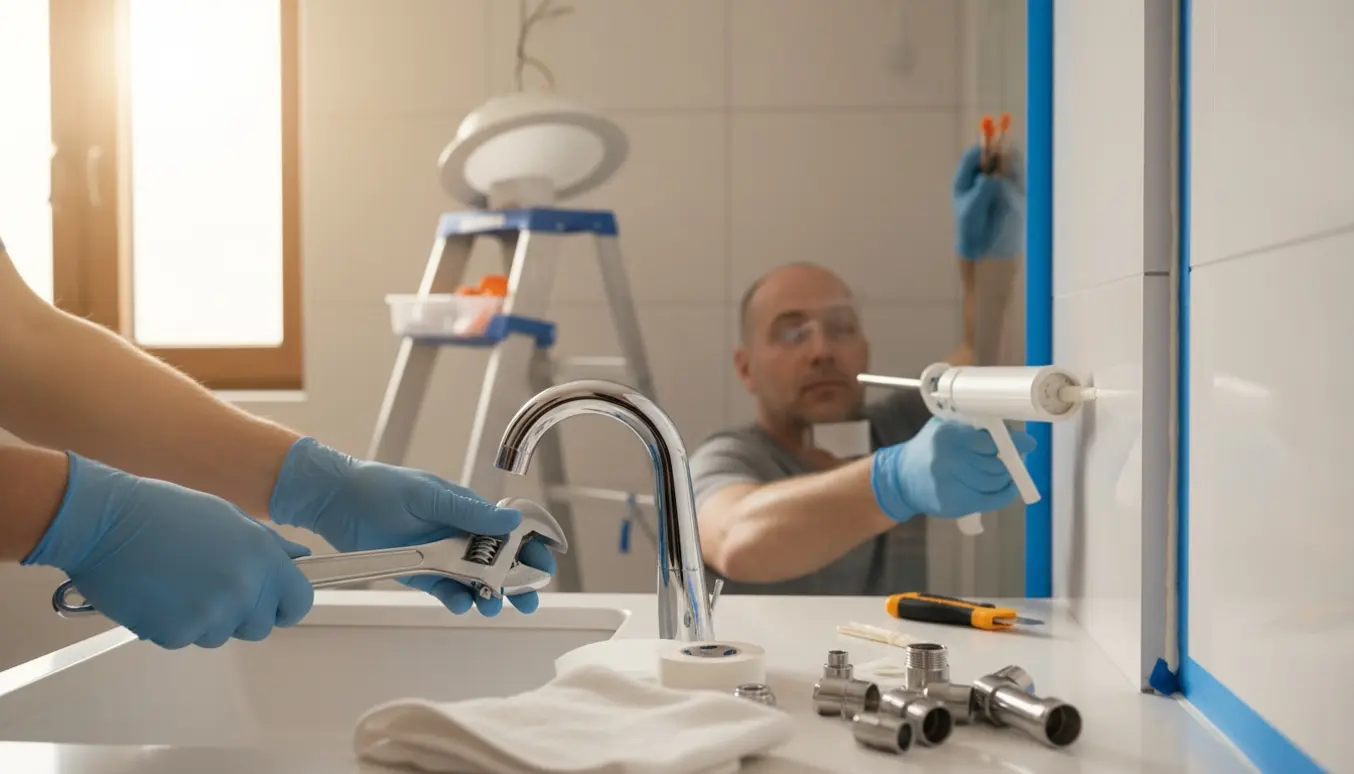 Nærbillede af hænder, der monterer et nyt krom blandingsbatteri, fuge ved brusevæg og opsætter en loftslampe i et lyst badeværelse.