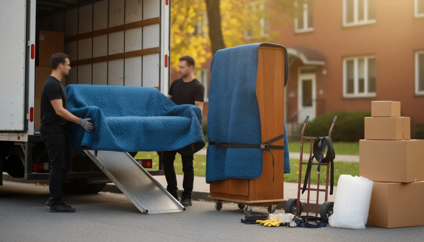 To flyttemænd bærer en indpakket sofa mod en åben flyttevogn omgivet af møbler, kasser og flytteudstyr.