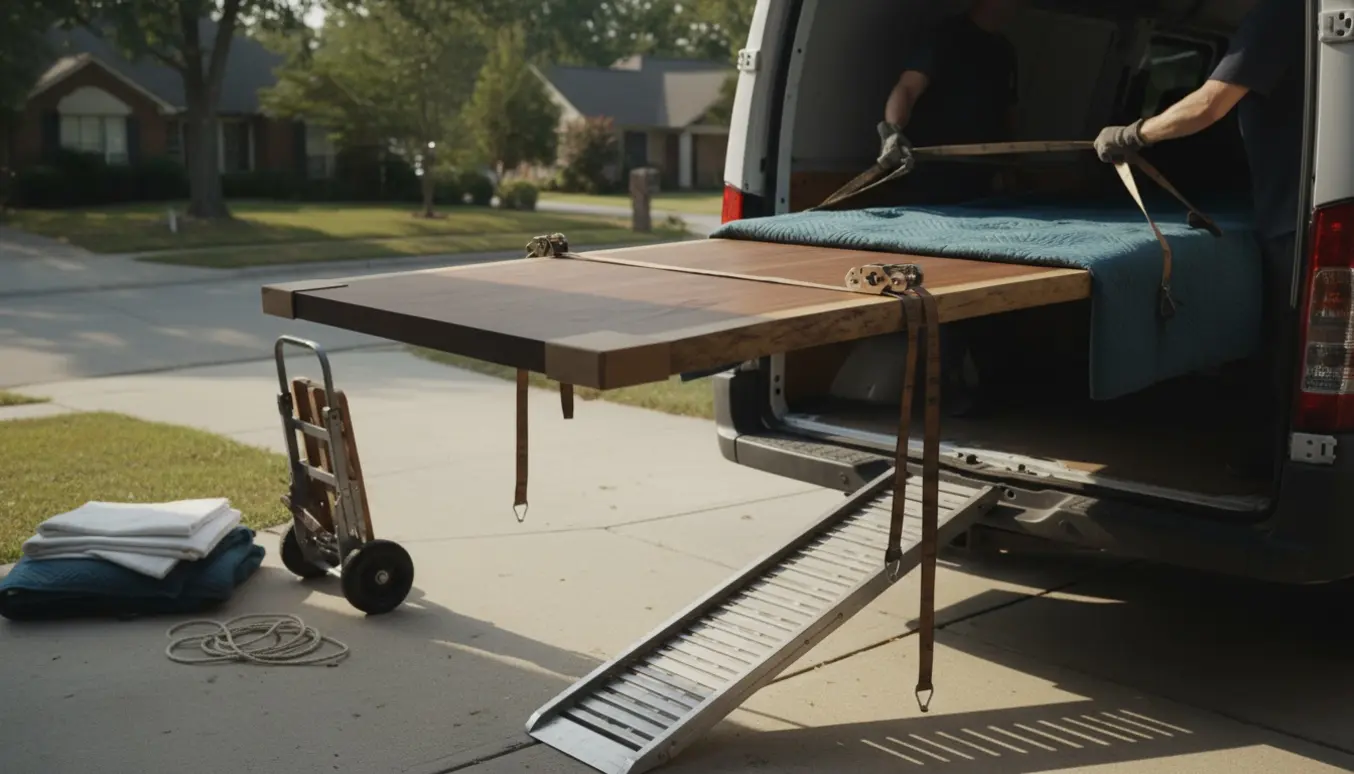 Et langt træbord bliver læsset på en varevogn med flyttetæpper og stropper.
