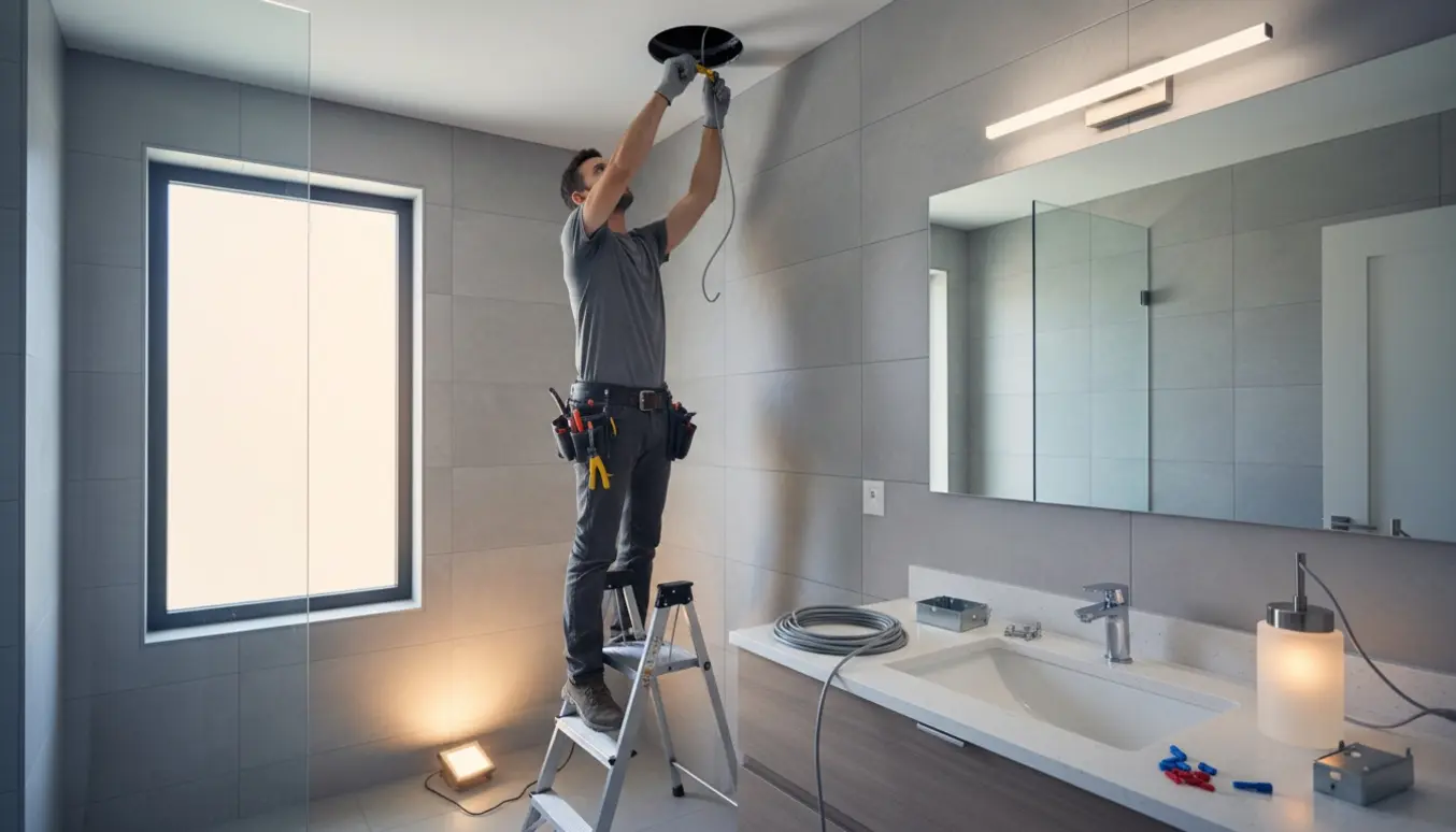 Elektriker på en stige trækker ledning gennem loftet for at montere lamper over spejl og i badeværelset.