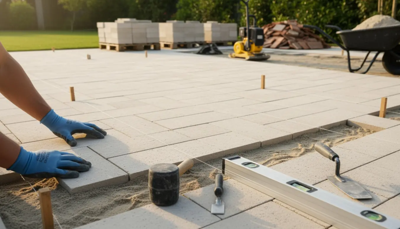 Stor terrasse under omlægning af fliser med værktøj og stabler af fliser i baggrunden.