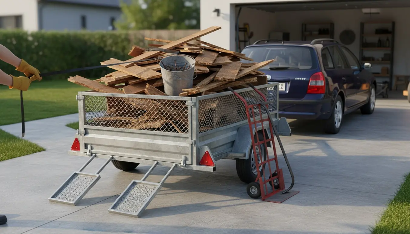 Åben trailer fyldt med oprevet trægulv og værktøj ved garage, klar til afhentning.