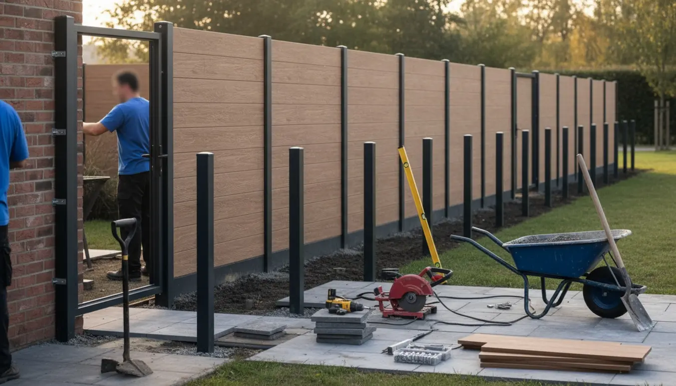 Opsætning af 180 cm komposithegn med aluminiumsstolper, låge og forskellige monteringsmetoder ved fliser, mur og græs.
