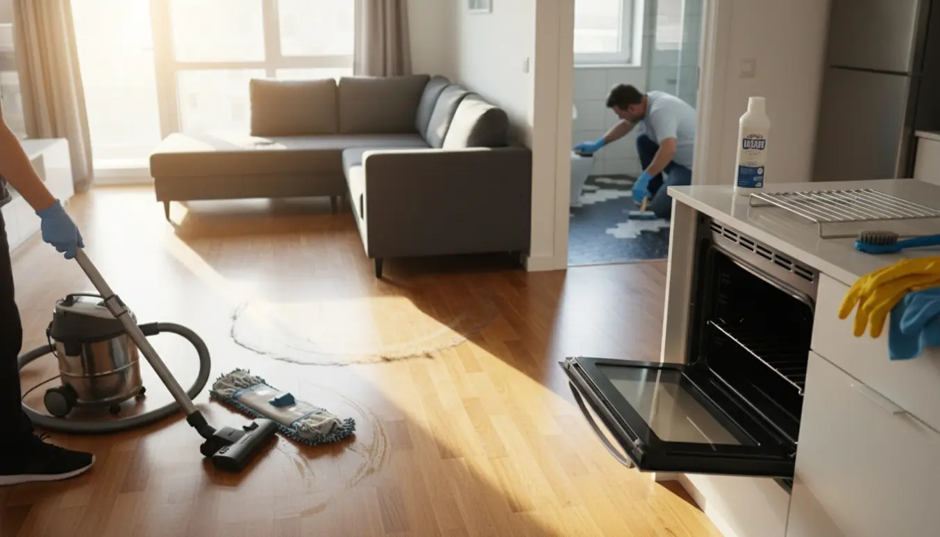 Grundig rengøring i en lejlighed med moppe, støvsuger, åbent ovnrum og rengøringsmidler.