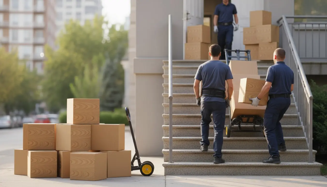 To personer bærer pakker med gulv op ad trappen til 2. sal og stabler kasser på reposen.