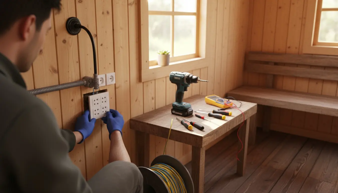 Hænder monterer nye stikkontakter på en trævæg i et kolonihavehus.