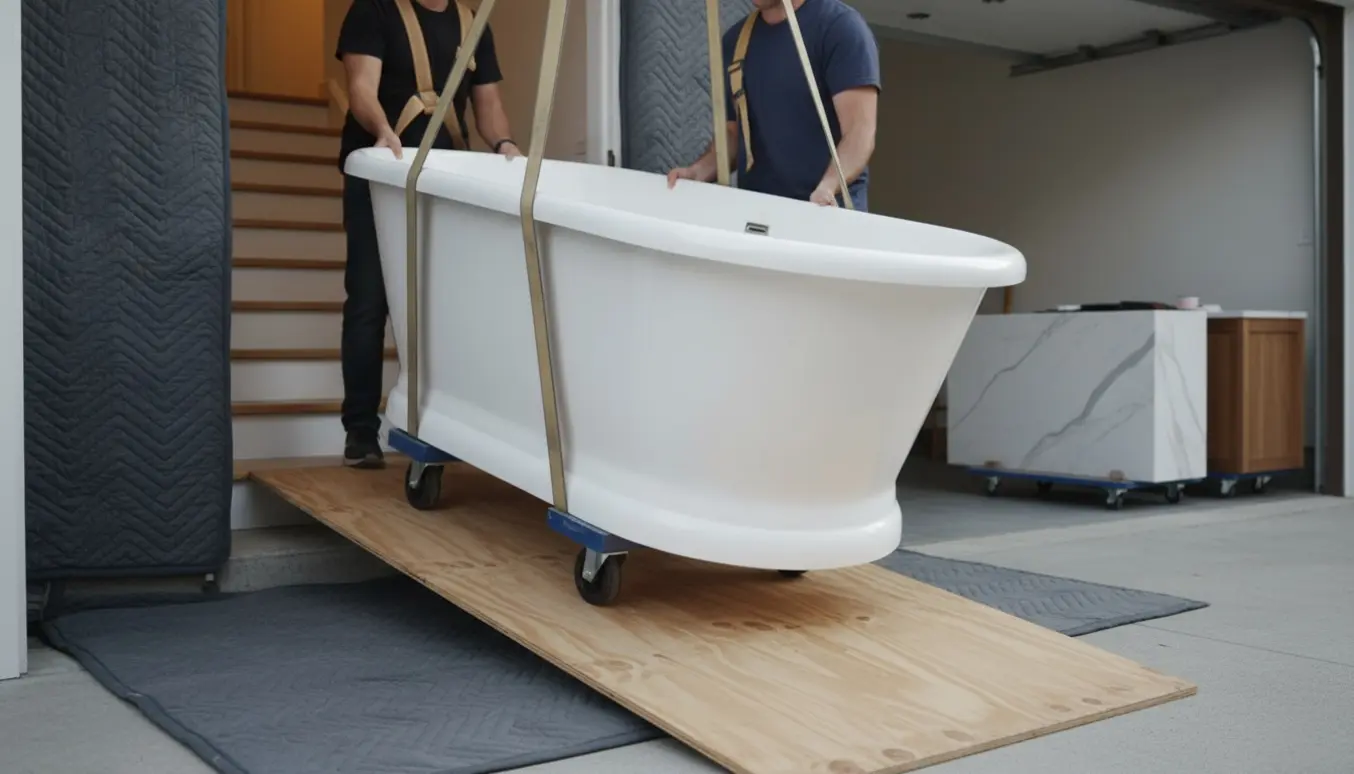 Tungt hvidt badekar løftes op ad trappen fra garage mod badeværelse med marmorvask og flytteudstyr i baggrunden.