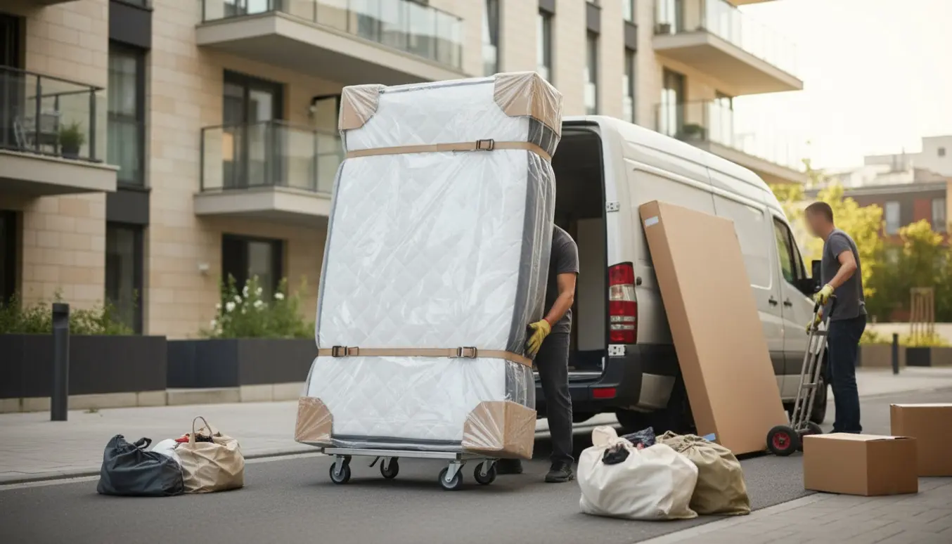 To flyttemænd læsser en indpakket kontinentalseng og poser ind i en varevogn uden synlige ansigter.