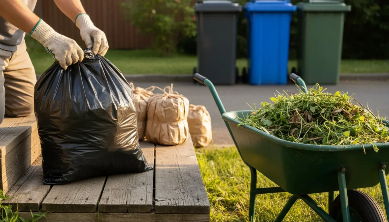 En person binder en sæk affald med handsker ved en trillebør fyldt med haveaffald og farvede beholdere.