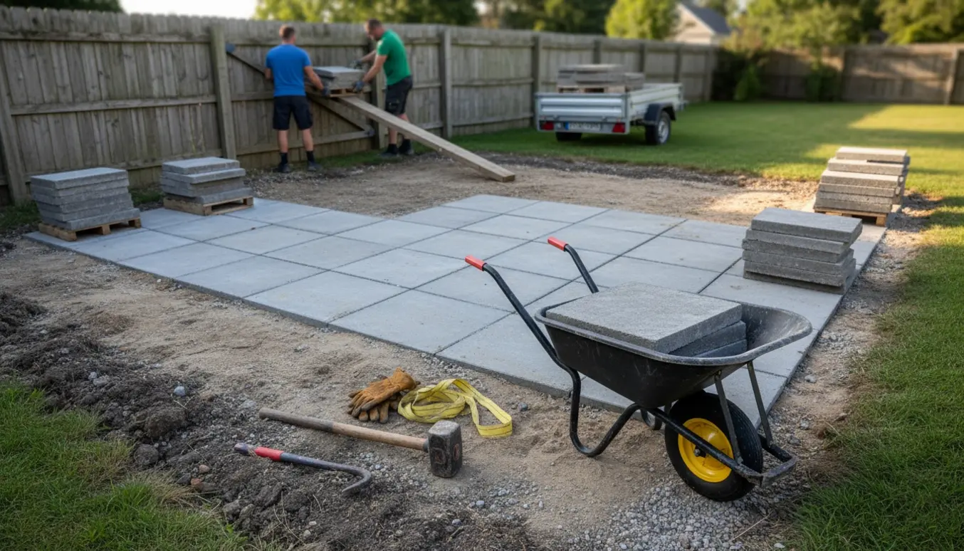Fliser flyttes over et 2 m højt hegn mod en trailer, med stakke af fliser og værktøj i forgrunden.