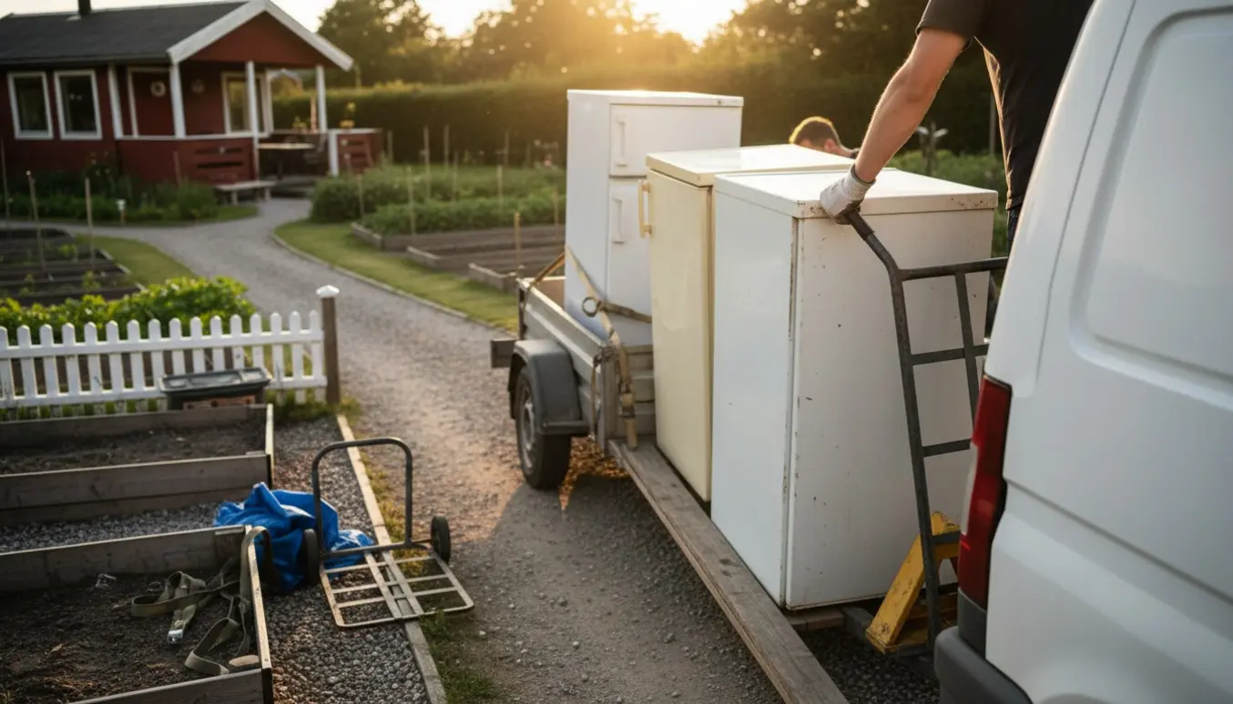 Tre brugte køleskabe læsses på en trailer i en kolonihave i sen eftermiddag.
