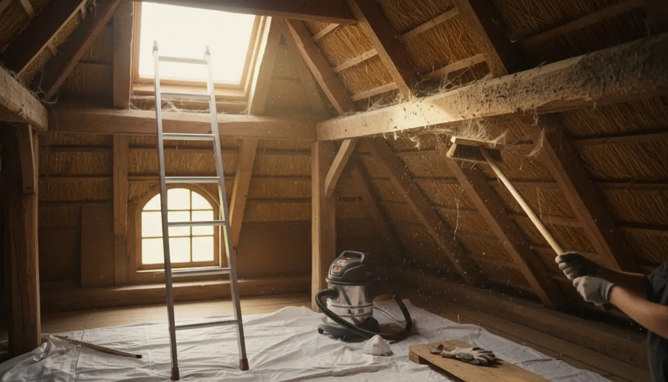 Handskerede hænder fjerner støv og edderkoppespind fra et beskidt loft i et stråtagshus ved en stige.