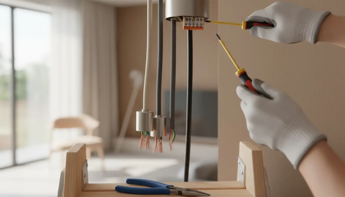 Nærbillede af hænder, der tilslutter tre pendellamper til samme loftsudtag med værktøj ved siden af.