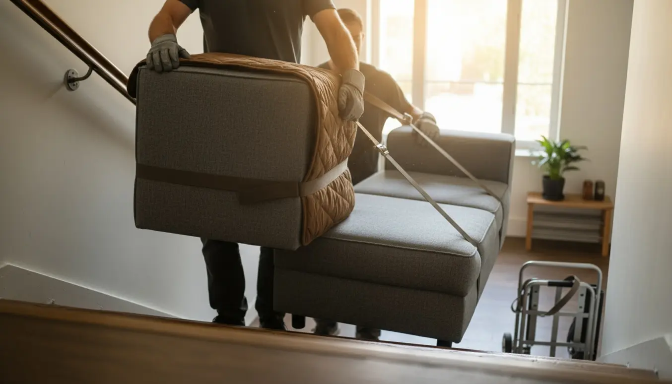 To personer bærer to modulsofa-sektioner ned ad en trappe i en opgang.