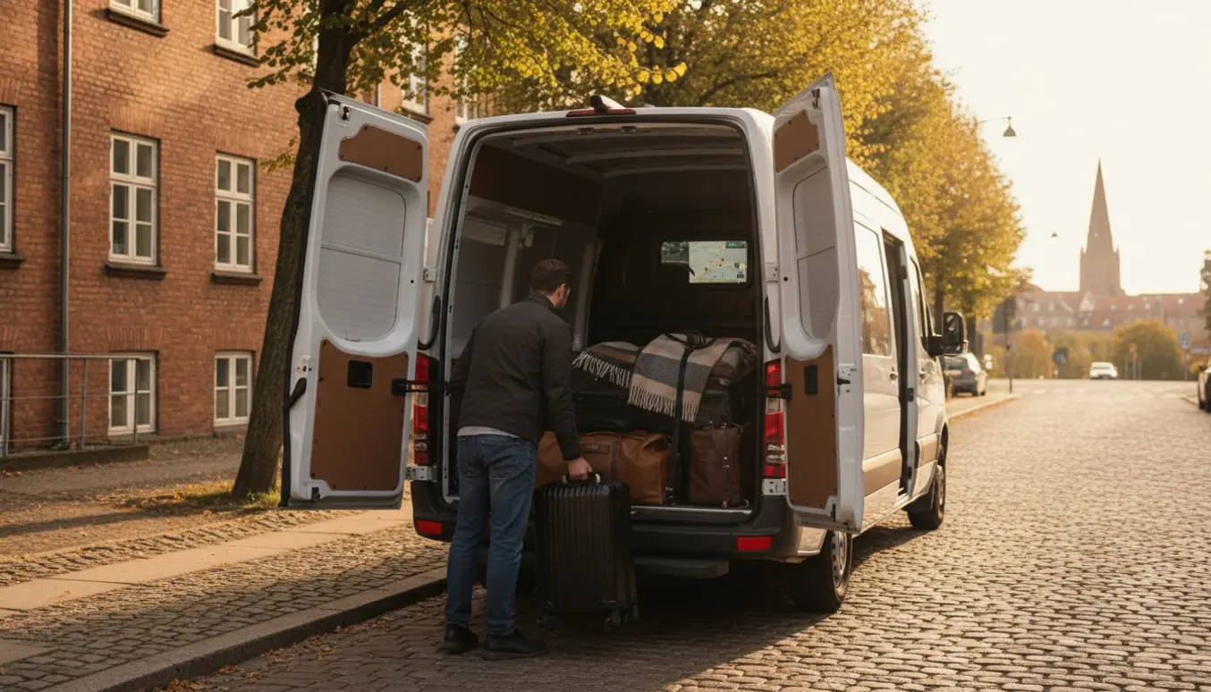 Chauffør og to personer læsser kufferter i en varevogn på en træbevokset Frederiksberg-gade med Roskilde-katedralens spire svagt i baggrunden.