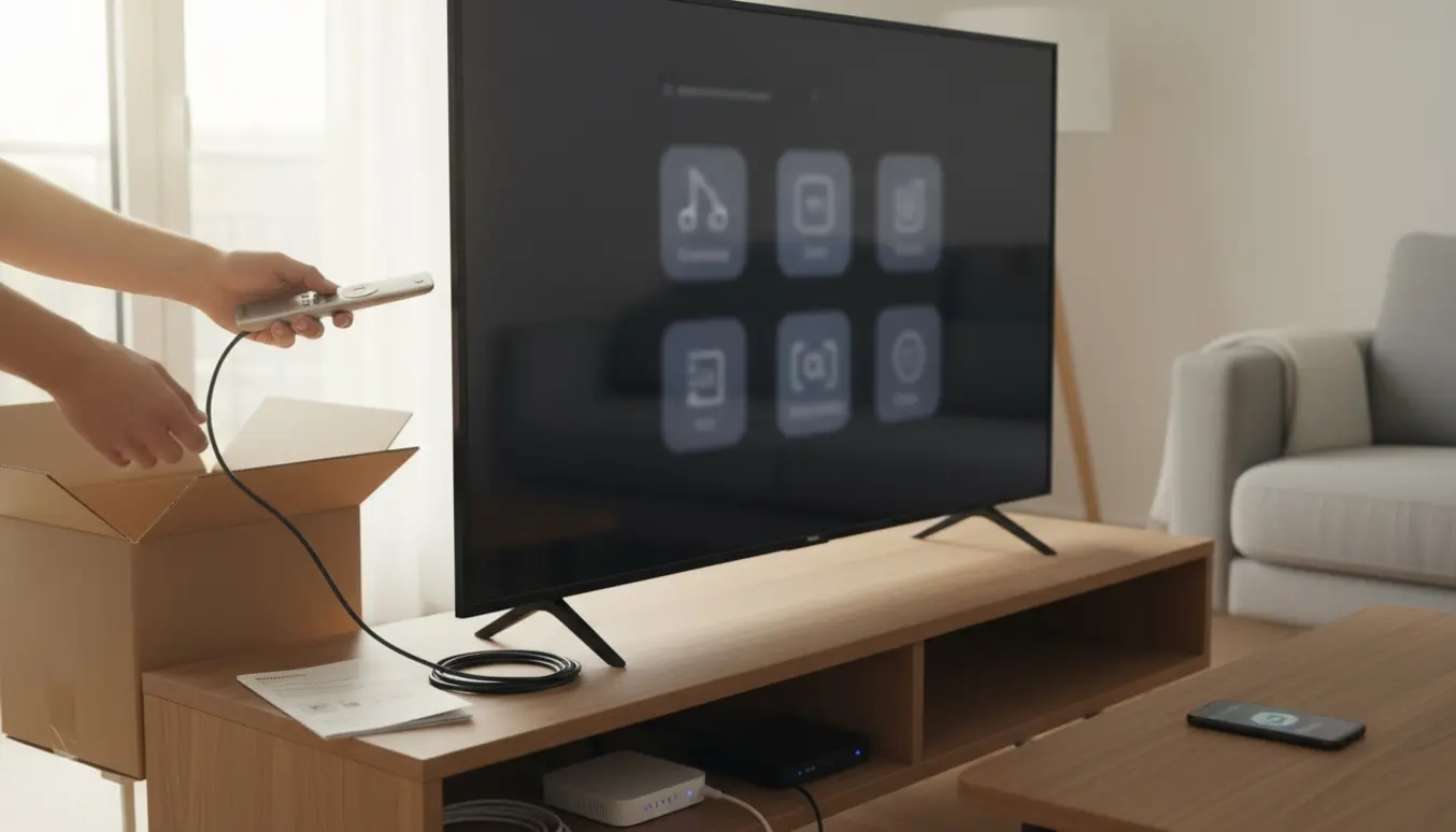 Hænder tilslutter kabler og holder fjernbetjening foran et nyt fladskærms-tv i en lys, ryddelig stue.