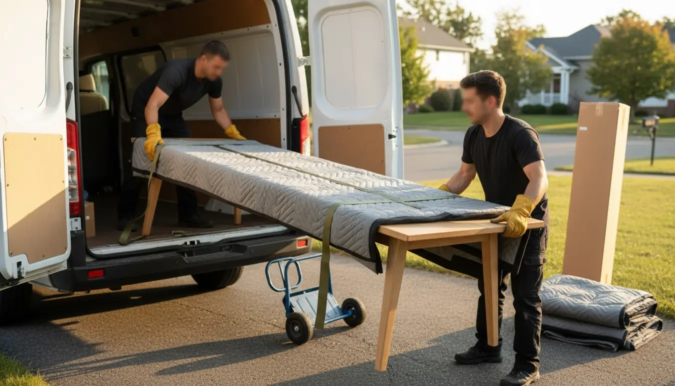 Et langt spisebord i egetræ bæres ind i en åben varevogn på en indkørsel, to personer løfter uden synlige ansigter.
