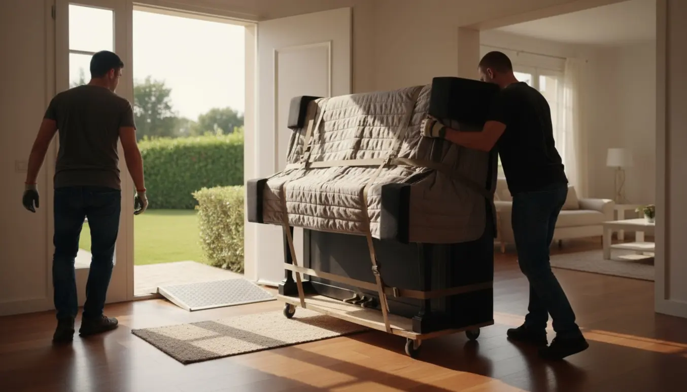 Et klaver på en hjulvogn transporteres ud gennem entréen mod hoveddøren med et trin.