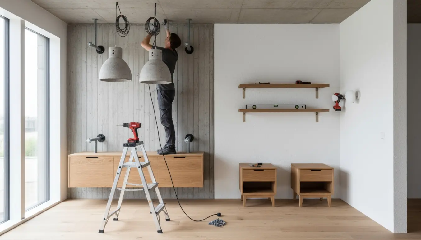 Værktøj og håndværkere monterer betonlamper, en væglampe i gips, en skænk på betonvæg og hylder i en moderne stue.
