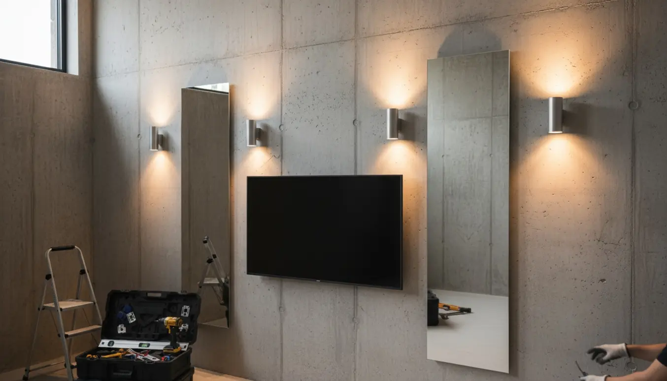 Rå betonskal med fire væglamper, to spejle og et vægmonteret tv samt værktøj i forgrunden.