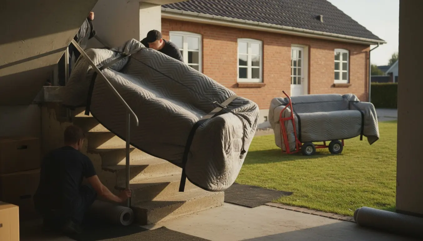 To personer bærer en sofa op fra en kælder mod et étplans rødstenshus, mens en indpakket sofa står på en tralle på græsplænen.
