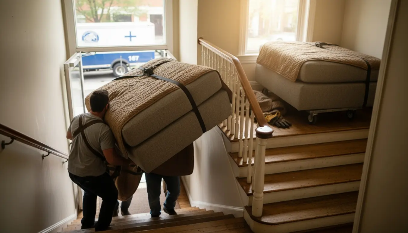 To flyttemænd bærer en stor modulsofa op ad en snæver trappe til en overetage, mens den anden modul hviler på en beskyttet håndvogn.