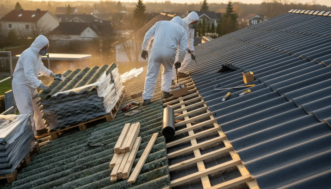 Tagarbejdere i beskyttelsesdragter fjerner asbest bølgeeternit og monterer nyt B6 bølgeeternit på et delvist færdigt tag.