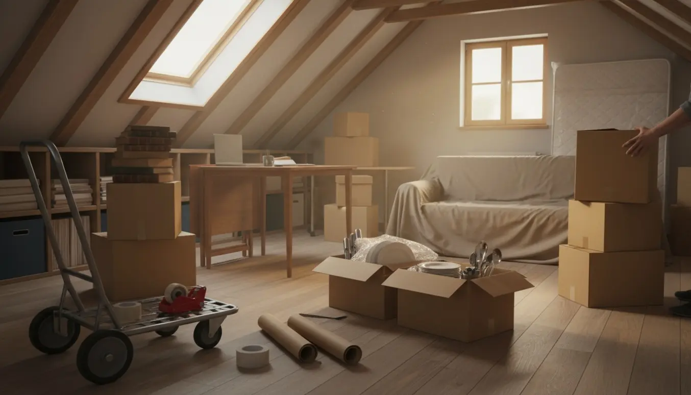 Loftsrum med møbler og stabler af flyttekasser klar til flytning i varmt dagslys.