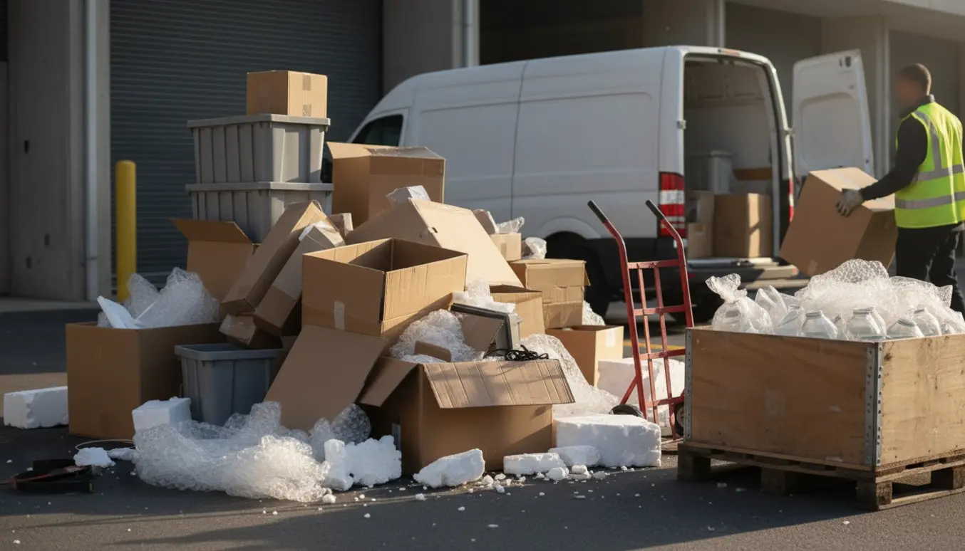 Stak med papkasser, flamingo og indpakket glas ved en åben varebil på en arbejdsplads klar til afhentning.