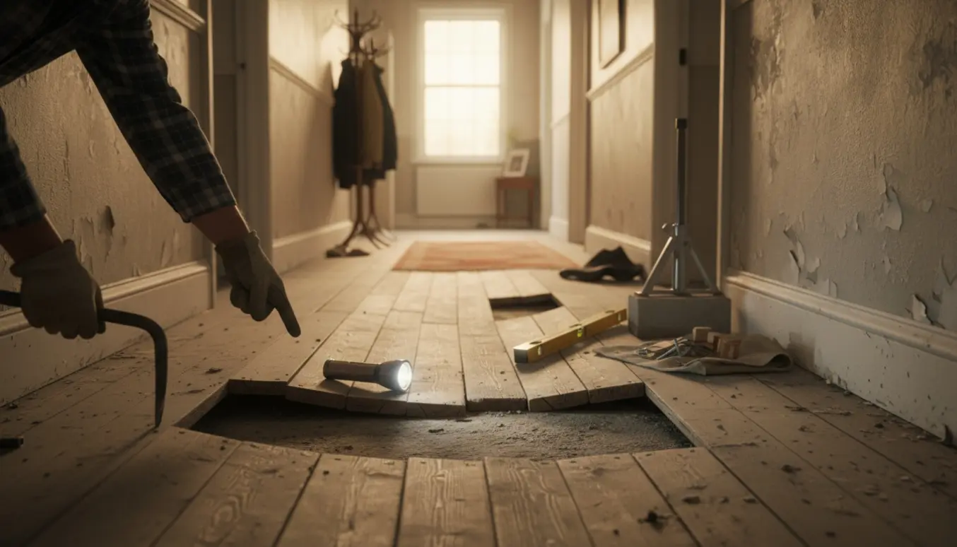 Sagende gulvbrædder i en ældre gang med et åbnet område, synligt betongulv og værktøj til inspektion.