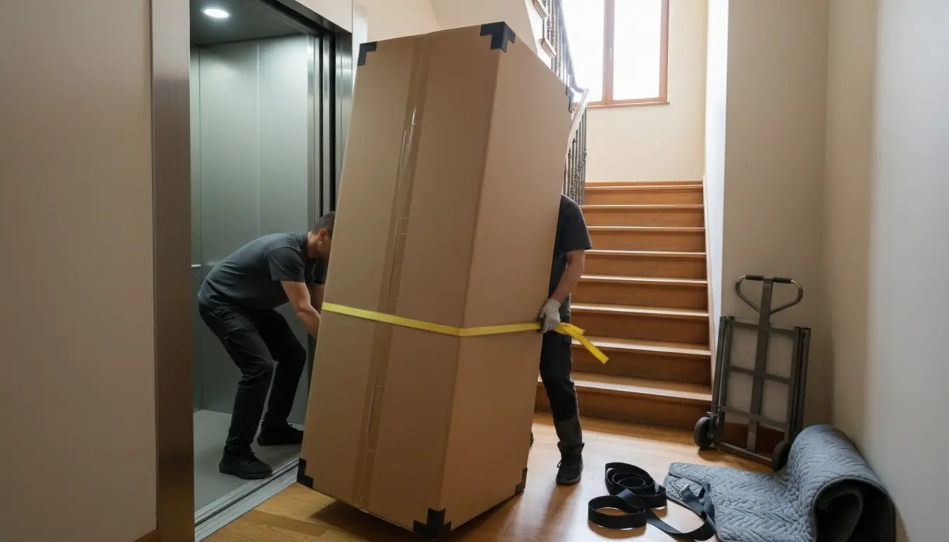 To personer forsøger at få et højt indpakket skab ind i en smal elevator i en boligopgang.