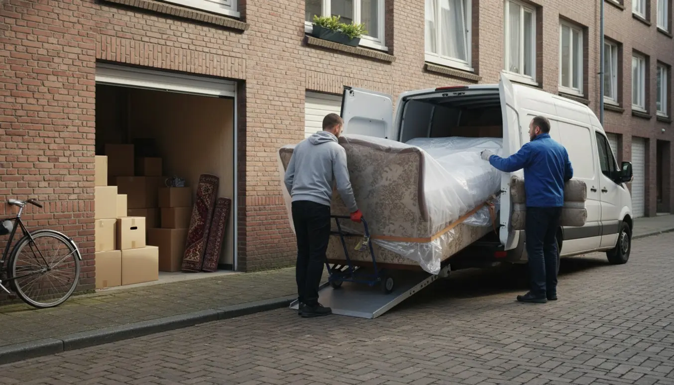 Flyttefolk laster en seng med gavl fra et opbevaringsrum ind i en varevogn på en rolig bygade.