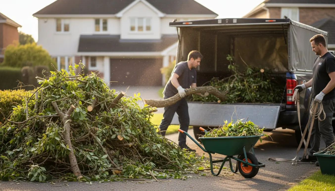 Stor bunke haveaffald med grene og en åben trailer på en indkørsel, klar til afhentning.
