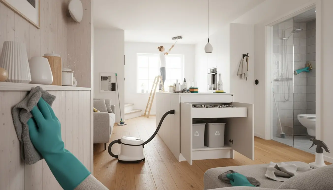 Rengøring i hjemmet med støvsuger, moppe, aftørring af skabe og afkalkning af bruseglas.