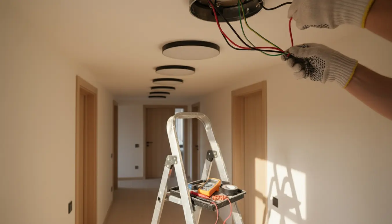 Nærbillede af elektrikerhånd, der tilslutter en ny loftslampe i en moderne gang med værktøj og stige i baggrunden.