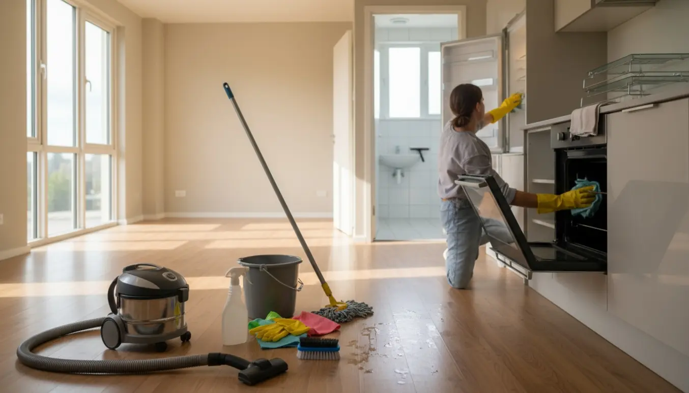 Tom lejlighed med rengøringsudstyr og hands-on rengøring af ovn og køleskab, naturligt dagslys.