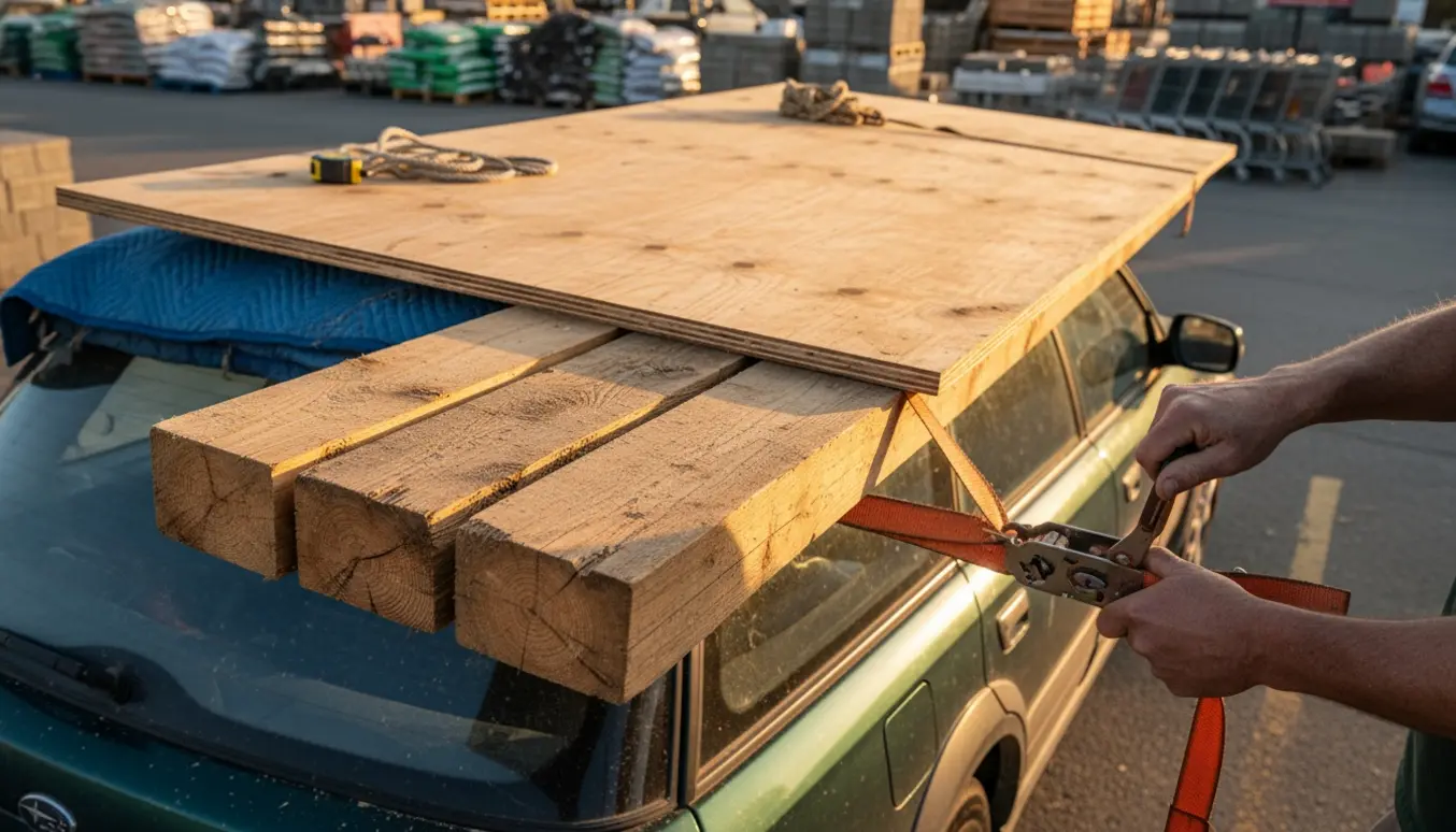 Pickup/ stationcar læsset med fire lange træplanker og en stor træplade, sikret med stropper i en byggemarkedsparkeringsplads.