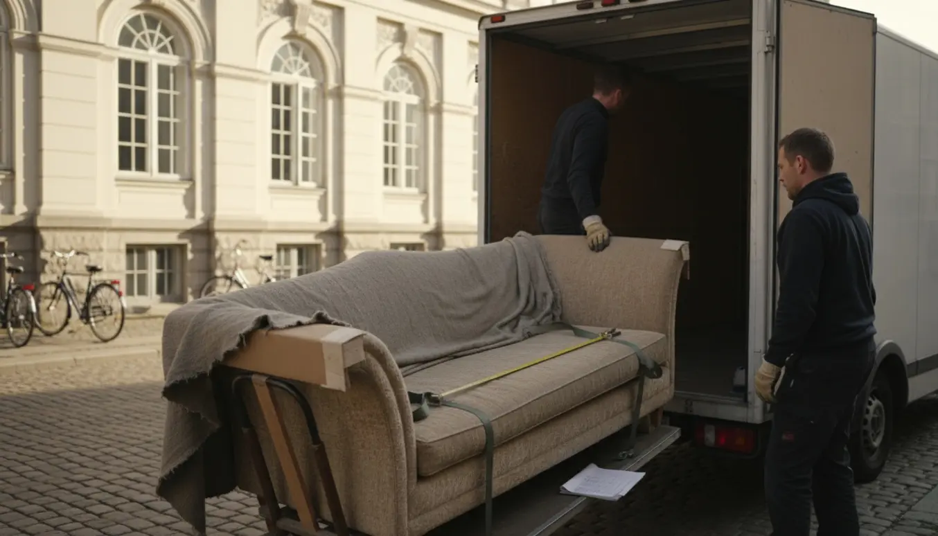 To flyttemænd læsser en chaiselong-sofa ind i en flyttevogn foran et auktionshus, med tæpper, stropper og målebånd.