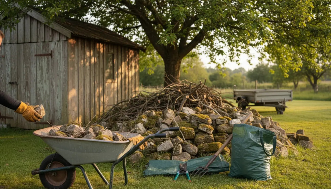 Bunker af sten og grene under et træ ved et skur, klar til at blive læsset i en trillebør.